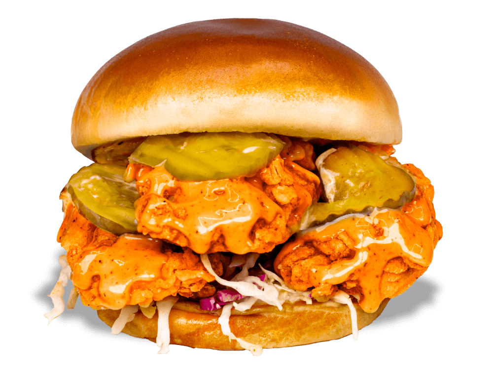 The signature Kung Fu Sauce fried chicken sandwich, a must-try at Kung Fu Chicken. Fresh, flavorful, and uniquely Miami.